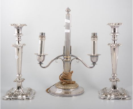 Silver-plated table lamp, fluted column, twin lights, circular base, 40cm; and pair of silver-plated table candlesticks, cast