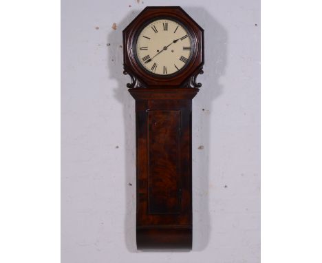 Victorian mahogany wall clock, circular white enamelled dial, within an octagonal casing, long trunk with a cross-banded door