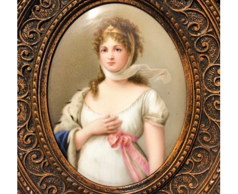 Continental porcelain oval panel, painted portrait and another with chamberstick. (2)