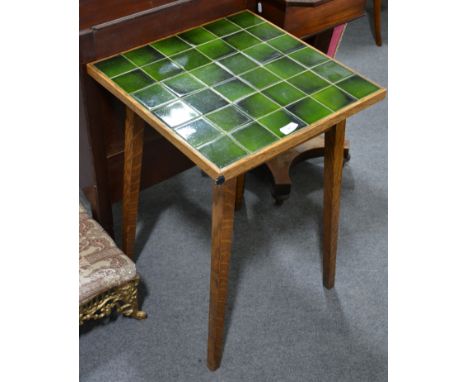 Edwardian oak tile topped table, 48cm x 48cm.