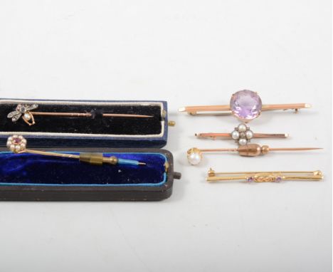 Three vintage stick pins and three bar brooches, a 6mm pearl stick pin, another with a cluster of eight seed pearls around a 