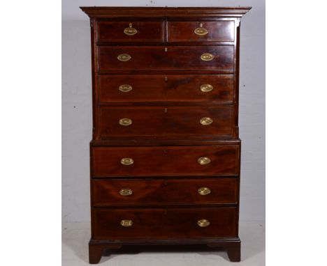 George III mahogany chest on chest, fitted with two short and six long drawers, each with boxwood stringing, bracket feet, su