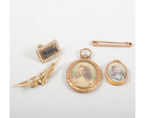 A yellow metal open crescent brooch set with seed pearls, 45mm, yellow metal portrait photograph pendant, a similar small pen
