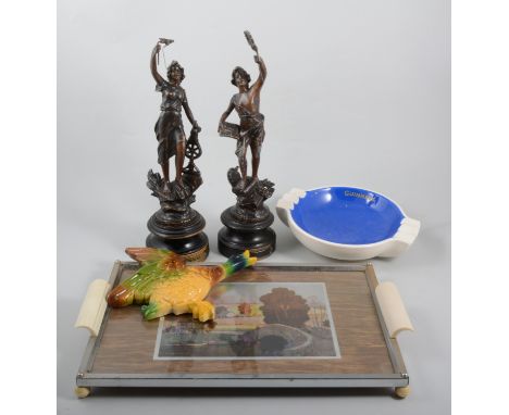 A box of vintage collectables, coloured glass, plastic cake stand and cruet, flying ducks, tea tray, powder compact, flatware