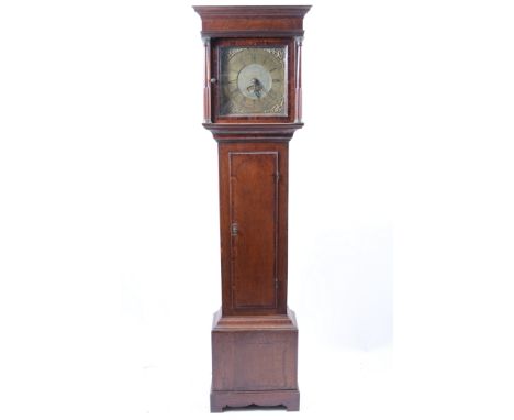 Oak and mahogany longcase clock, cavetto cornice, turned and fluted supports, to hood, long door, bracket feet, square brass 