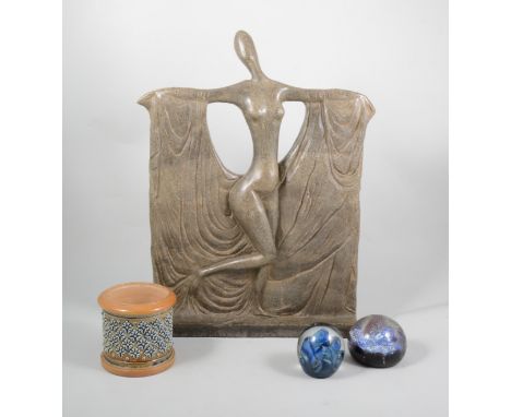 Caithness paperweight, engraved with geese, 7cm; Doulton Lambeth stoneware tobacco jar, lacking lid; other ceramics and glass
