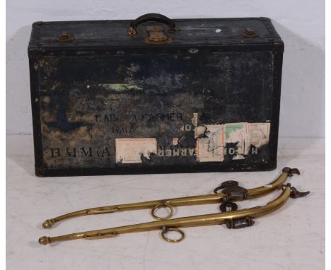 A travelling trunk, military use, small case and a pair of brass harness.