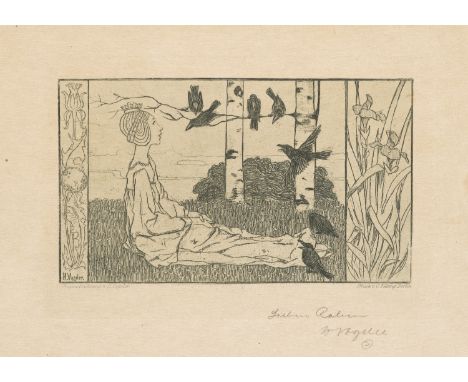 Heinrich Vogeler.  (1872 Bremen - 1942 Kasachstan). Die sieben Raben. 1895. Radierung in Grün auf Velin. 7,8 x 13,4 cm (15,3 