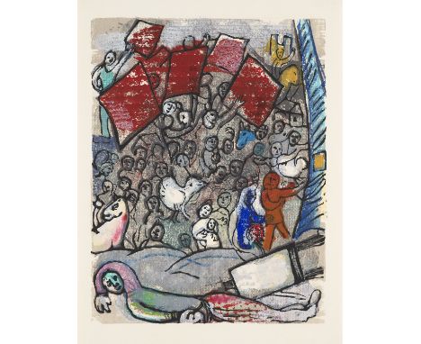 Klassische Moderne Marc Chagall (1887 Witebsk - 1985 St. Paul-de-Vence)Dans notre rue, aus: Poémes. 1968. Farbholzschnitt auf