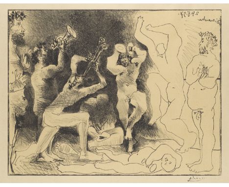 Pablo Picasso.  (1881 Malaga - 1973 Mougins). La Danse des Faunes. 1957. Lithographie über ockerfarbener Tonplatte auf Velin.