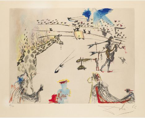Salvador Dalí.  (1904 - 1989 Figueras). La Girafe en Feu. 1966/67. Radierung und Heliogravüre, mit schablonenkolorierter händ