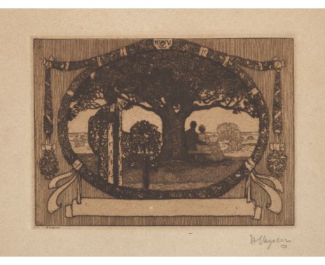 Heinrich Vogeler.  (1872 Bremen - 1942 Kasachstan). Tod bricht Rosen (Liebespaar und Tod). 1904. Radierung in Braun auf Velin