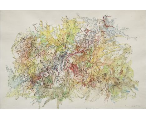 Bernard Schultze.  (1915 Schneidemühl - 2005 Köln). o.T. 1959. Feder, Aquarell und Buntstift auf Velin (mit Trockenstempel "S