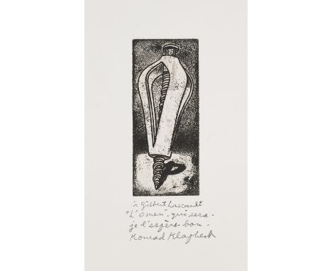 Konrad Klapheck.  (1935 - 2023, Düsseldorf). Das Menetekel. 1997. Radierung auf Velin. 13 x 5,5 cm (33 x 25 cm). Mit handschr