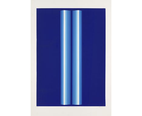 Konkrete Kunst Axel Dick (1935 Dortmund - 2006 Braunschweig)2 blaue Lichtstreifen. 1968. Farbserigraphie auf glattem, leichte