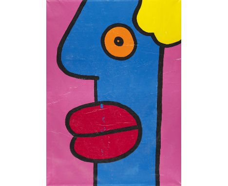Street Art - - Thierry Noir.  (1958 Lyon). o.T.(Kopf in Blau vor Pink). 1998. Acryl auf Leinwand. 140,5 x 101,5 cm. Auf Keilr