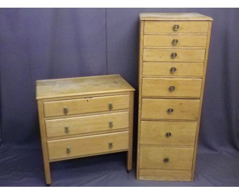 TWO VINTAGE STRIPPED OAK CHESTS including a standing eight drawer example, 135cms H, 49.5cms W, 47.5cms D, the other three dr