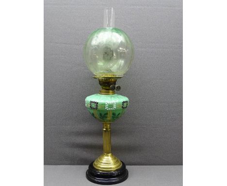 VINTAGE DUPLEX OIL LAMP with green glass font and etched shade