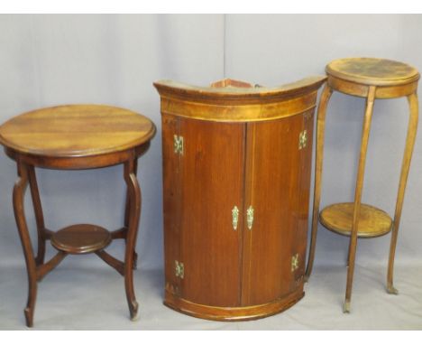 ANTIQUE BOW FRONT HANGING WALL CUPBOARD, two-tier planter stand and a circular top table, various measurements