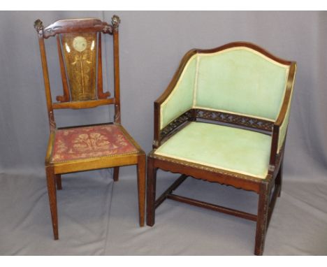 TWO VINTAGE SALON CHAIRS including a closed side armchair with pierced detail, Chinese style, 82cms H, 57cms W, 46cms seat D,
