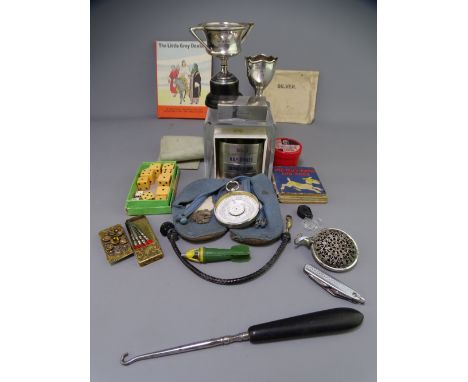 SMALL SILVER &amp; MIXED VINTAGE COLLECTABLES including a pair of child's shoes, a quantity of dice, gilt metal cased manicur