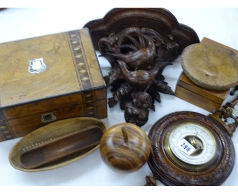 MOTHER OF PEARL DECORATED WORKBOX, other treen ware, carving and barometer
