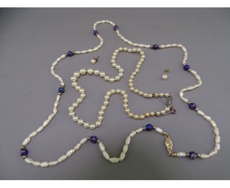 FRESHWATER BAROQUE PEARL &amp; CLOISONNE ENAMEL BEAD NECKLACE with 10ct gold clasp, a pair of earrings and a cased Ciro singl