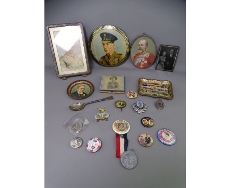 COMMEMORATIVE BADGES &amp; APPLIED IMAGES OF ROYALTY, a collection including a vintage compact, portrait tin ware and numerou