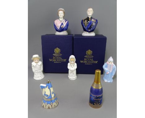 SEVEN ROYAL WORCESTER CANDLE SNUFFERS including boxed examples of the Queen Elizabeth II and The Duke of Edinburgh, a limited
