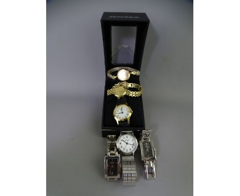 TWO 9CT GOLD LADY'S WRIST WATCHES by Churchill and Rotary along with four other lady's Quartz wrist watches, the Churchill ex