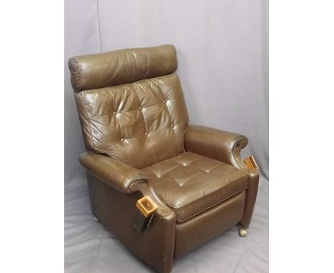 VINTAGE BUTTON UPHOLSTERED BROWN LEATHER EFFECT RECLINER ARMCHAIR, 100cms H, 88cms W, 60cms seat D