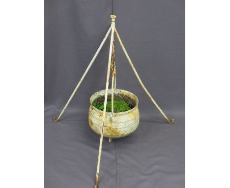 CAST IRON CAULDRON on tripod stand, 88cms H