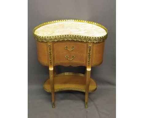 FRENCH EMPIRE STYLE KIDNEY SHAPE SIDE TABLE having twin concave front drawers and under-tier shelf, the marble top with pierc