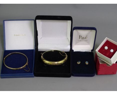 9CT GOLD BANGLE, gold plated silver bangle and two pairs of gold earrings