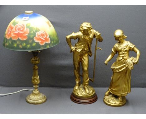 SPELTER FIGURES of a farming boy and girl, max height 47cms and a fancy table lamp