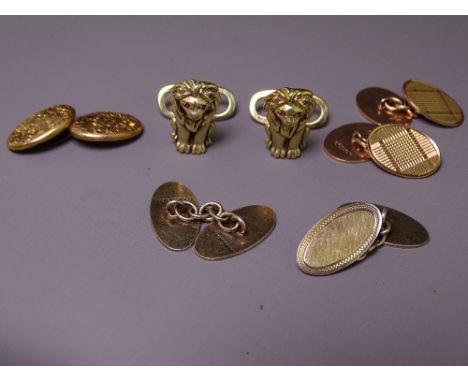 GENT'S GOLD CUFFLINKS &amp; OTHERS including a 14ct pair of seated lions with Ruby eyes, 12.5grms, a 9ct gold pair with hatch
