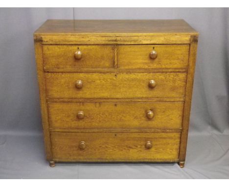 VINTAGE OAK CHEST of two short over three long drawers with turned wooden knobs on bun feet, 99cms H, 101cms W, 47cms D