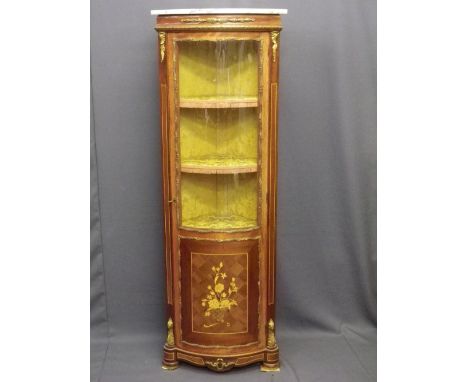 ITALIAN INLAID VITRINE/CABINET, the bow fronted door with floral panel, the whole having gilt metal mounts and upholstered in