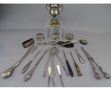 SMALL SILVER - trench art button hook and various other lady's aids including an Indian white metal chatelaine belt hook, a s