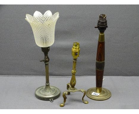 BRASS PULLMAN LAMP - swivel jointed plated lamp base and brass and wood lamp base