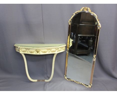 FRENCH STYLE WALL MIRROR CONSOLE with pink bevelled glass edging, 112.5 x 43.5cms, the table