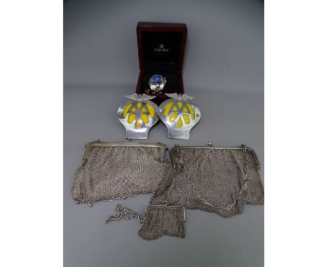 SILVER CHAINMAIL LADY'S COCKTAIL BAG &amp; PURSE and one other, two vintage AA car badges and a stainless steel Navigator gen