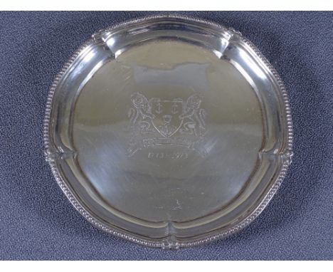 SMALL CIRCULAR SILVER LETTER TRAY BY Nathan &amp; Co Birmingham, limited edition (108/500) with beadwork rim on three ball su