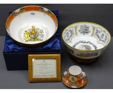 ROYAL WORCESTER 'GOLDEN JUBILEE' PEDESTAL BOWL, boxed with matching coffee can and a 'Silver Wedding' commemorative bowl by R