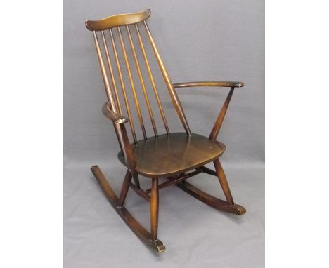 ERCOL ROCKING CHAIR with spindle back, 86cms H, 61cms W, 38cms seat depth