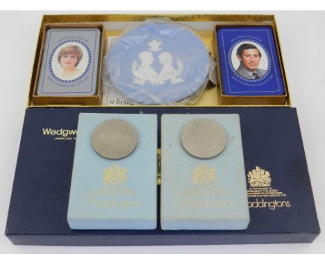 A quantity of various items, to include stamps, a Wedgwood plate, and two packs of Prince Charles and Princess Diana commemor