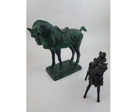 A cast bronze model of a horse, together with another bronze model of a horse and rider