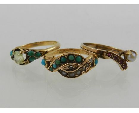 An 18 carat yellow gold, turquoise, and split seed pearl crossover style ring, together with a yellow metal and turquoise rin