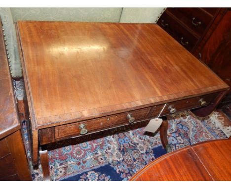 A 19th century mahogany sofa table, the rectangular top with crossbanding above an arrangement of two real and dummy drawers,