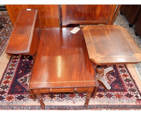 A George III and later mahogany Pembroke table, the rectangular top with stringing above a peripheral drawer and later reduce